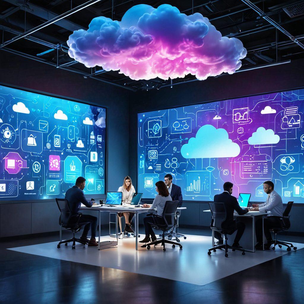 A dynamic and futuristic depiction of a digital landscape where ideas transform into cloud-based web solutions for businesses. Show a sleek, modern office with a holographic blueprint transitioning into a vibrant cloud filled with interconnected digital icons like apps, charts, and data streams. Include diverse professionals working collaboratively. 3D, vibrant colors, futuristic aesthetics.