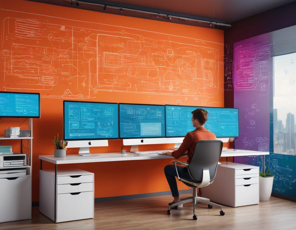 A dynamic scene of a modern workspace featuring multiple screens displaying web design prototypes, code, and a deployment process flowchart. A person is actively working, with digital elements like data lines, browser icons, and cloud symbols floating around them. Background includes creative sketches, vibrant colors, and clean lines linking design to deployment. Super-realistic. Vibrant colors. 3D.