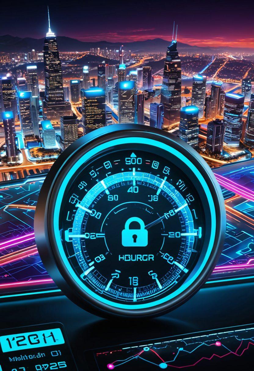 A sleek, modern digital landscape showcasing a secure website with a padlock icon, a performance speedometer hitting maximum, and SEO icons like a magnifying glass and upward graph lines. The background is a blend of futuristic cityscape and glowing circuitry. super-realistic. vibrant colors. 3D.